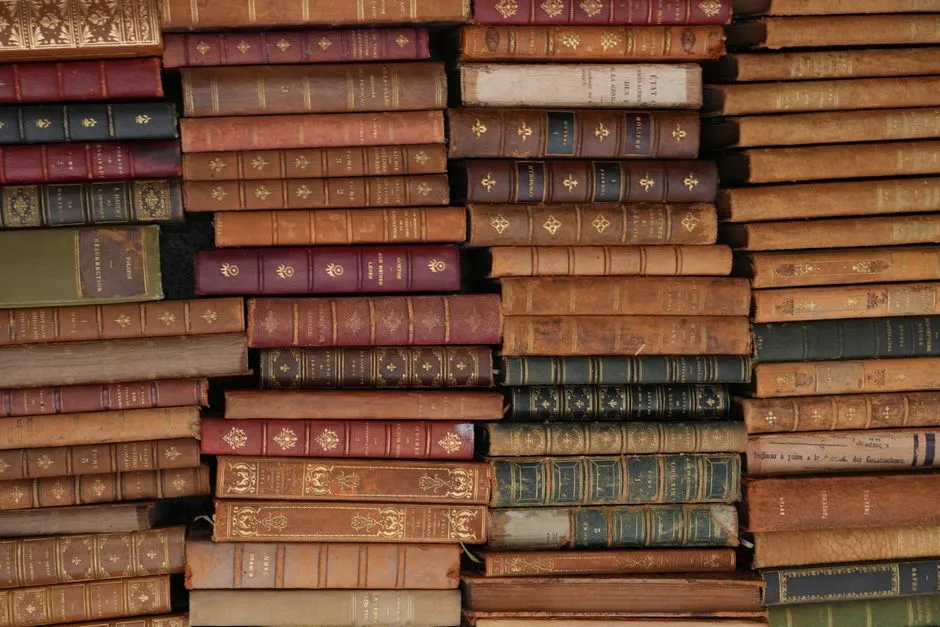 Stack of vintage leather-bound history books